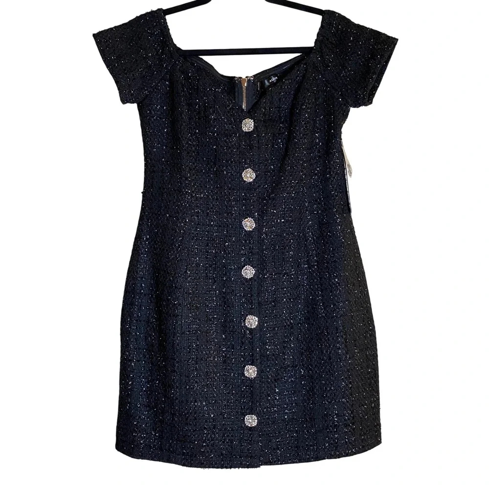 AQUA Black Tweed Mini Dress Off Shoulder Party Cocktail Rhinestone Buttons M - Picture 4 of 16